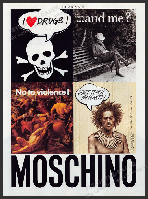 Moschino 1990s Print Advertisement Ad 1993 "No to violence" "I heart drugs" Fetch-the-Paper
