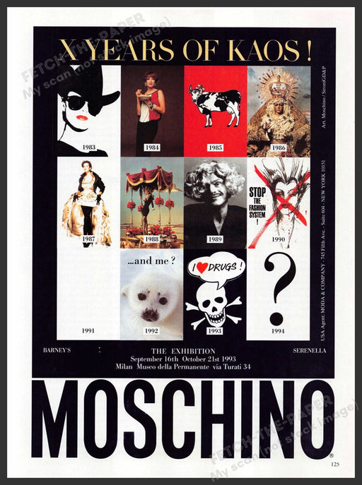 Moschino Exhibition 1990s Print Advertisement 1993 "X Years of Kaos!" Fetch-the-Paper