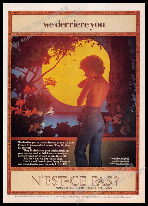 N'est-ce Pas? Jeans 1970s Print Advertisement 1977 "We derriere you" N'est-ce Pas?