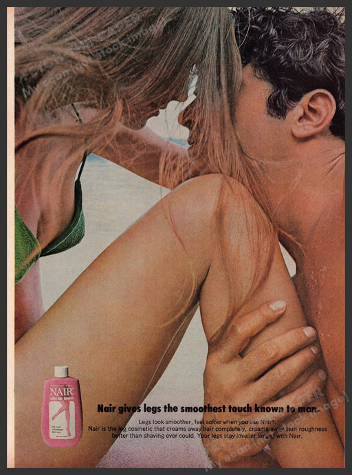 Nair Hair Remover 1960s Print Advertisement Ad 1969 Legs Couple Beach Bikini Fetch the Paper!