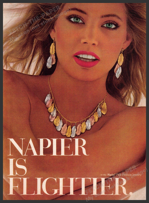 Napier is Flightier 1980s Print Advertisement 1982 Feather Jewelry Bird Fetch-the-Paper