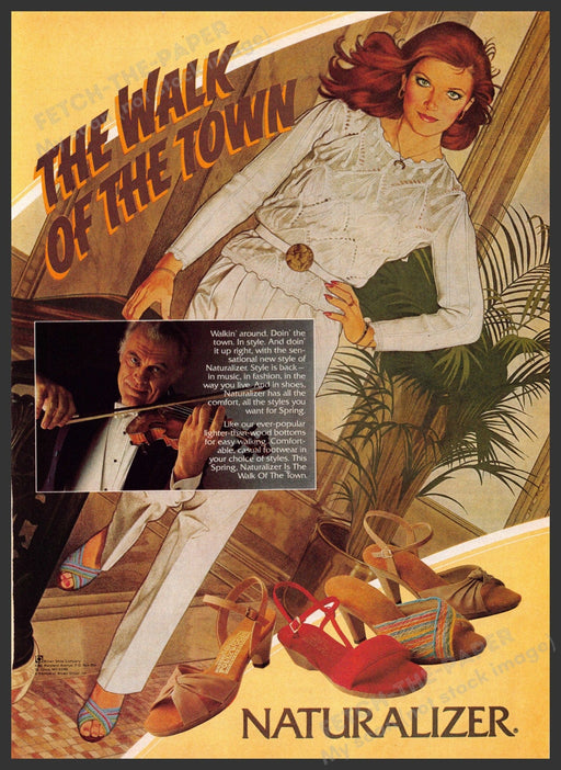Naturalizer 1980s Print Advertisement 1982 Legs "The walk of the town" Violinist Fetch-the-Paper