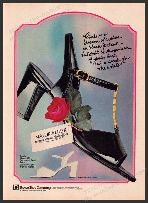 Naturalizer Footwear 1970s Print Advertisement 1976 Renee Black Patent Shoe Fetch-the-Paper