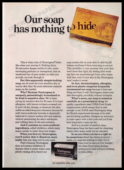 Neutrogena 1970s Magazine Print Ad 1976 "Our soap has nothing to hide" Neutrogena