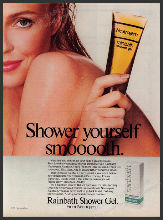Neutrogena Rainbath Shower Gel 1980s Print Advertisement Ad 1981 Bare Skin Fetch the Paper!
