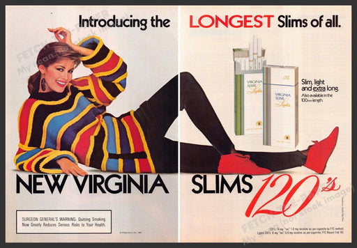New Virginia Slims 120s 1980s Print Advertisement (2 pages) 1985 Longest Slims Virginia Slims