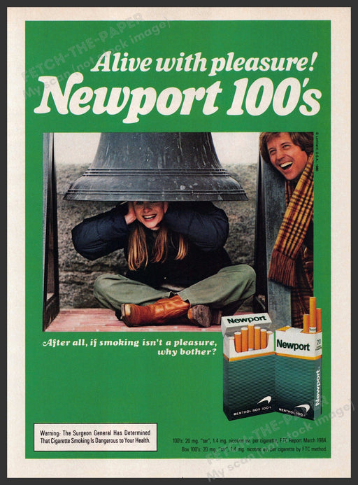 Newport 100's 1980s Print Advertisement 1984 Large Bell "Alive with pleasure" Newport Cigarettes