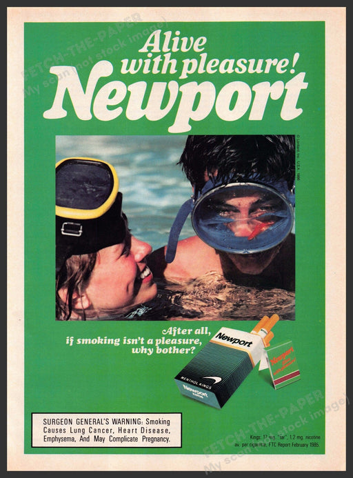 Newport 1980s Print Advertisement 1986 Cigarettes Couple Diving Masks Newport