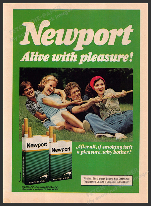 Newport Cigarettes 1970s Print Advertisement 1976 Friends Tug of War Fetch-the-Paper