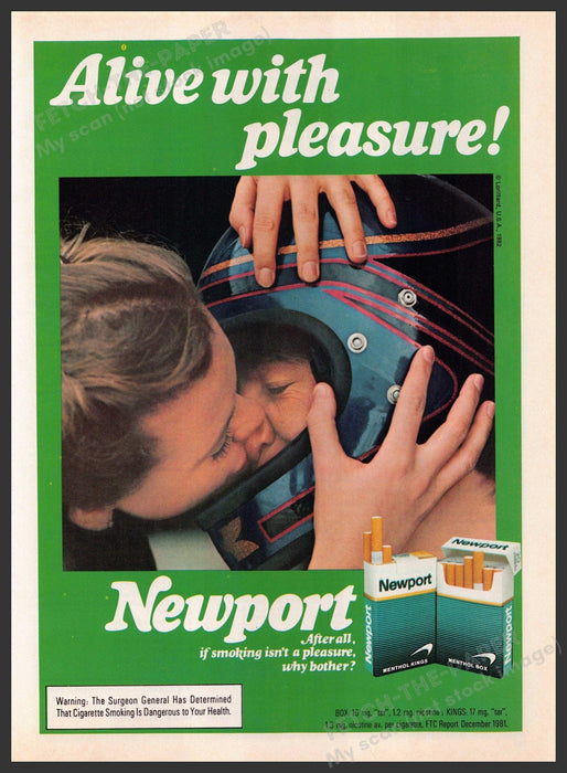 Newport Cigarettes 1980s Print Advertisement 1982 Kissing Man with Helmet Fetch-the-Paper