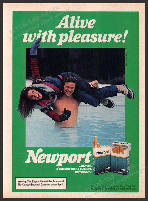 Newport Cigarettes 1980s Print Advertisement 1984 Couple Pool Snow Water Fetch-the-Paper