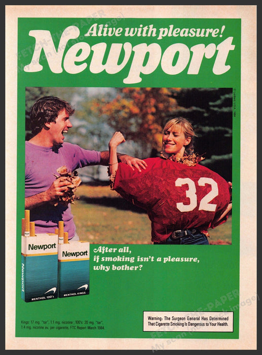 Newport Cigarettes 1980s Print Advertisement 1984 Football Girl Jersey Leaves Fetch-the-Paper