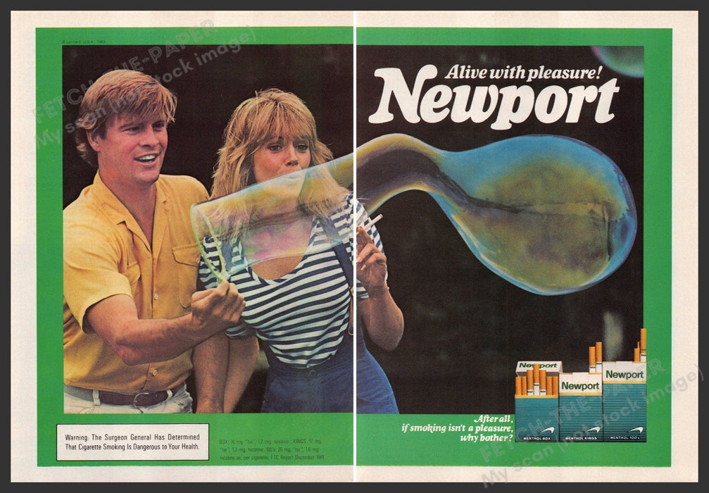 Newport Cigarettes 1980s Print Advertisement (2 page) 1983 Couple Blowing Bubble Fetch-the-Paper