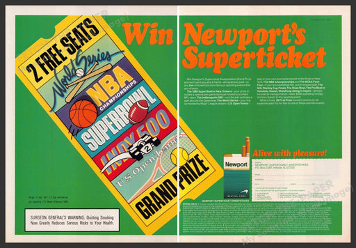 Newport Cigarettes 1980s Print Advertisement (2 pgs) 1985 Superticket Sweepstake Newport Cigarettes