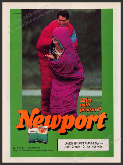 Newport Cigarettes 1990s Print Advertisement Ad 1992 Couple in Sleeping Bags Fetch-the-Paper