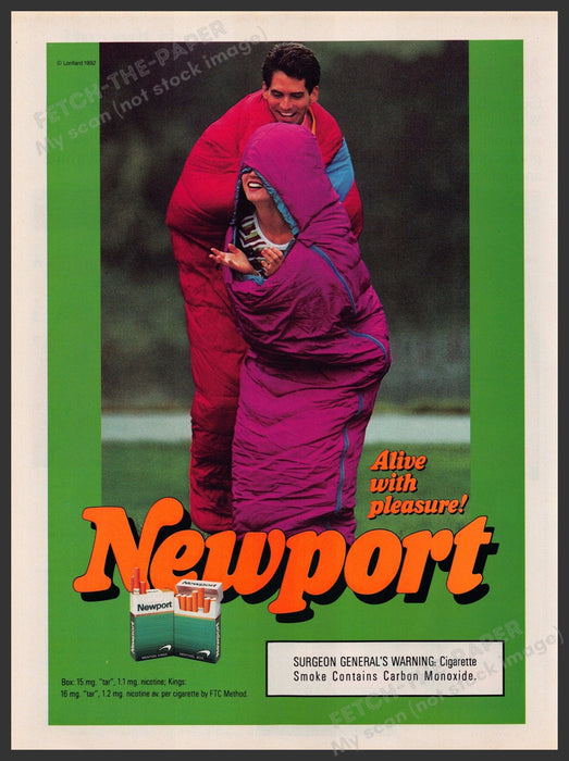 Newport Cigarettes 1990s Print Advertisement Ad 1992 Couple in Sleeping Bags Fetch-the-Paper