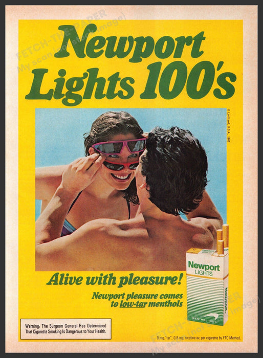 Newport Lights 100's 1980s Print Advertisement 1982 Beach Playful Sunglasses Fetch-the-Paper