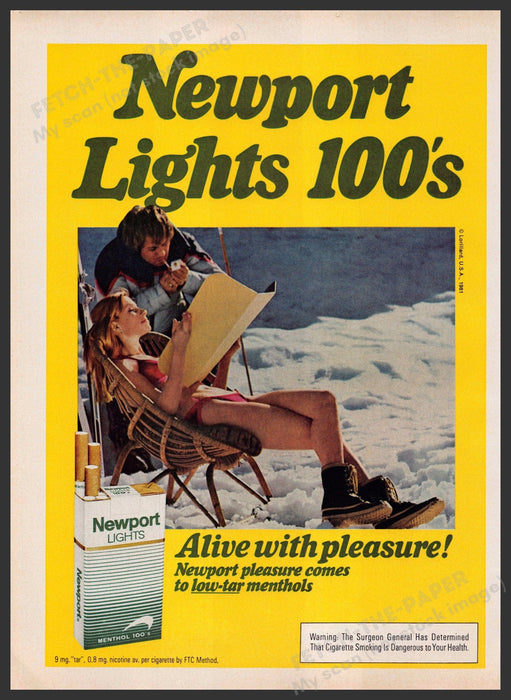 Newport Lights 100's 1980s Print Advertisement 1982 Girl Sunning in the Snow Newport Cigarettes