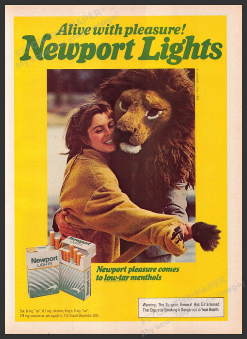 Newport Lights Cigarettes 1980s Print Advertisement 1982 Lion Costume Fetch-the-Paper
