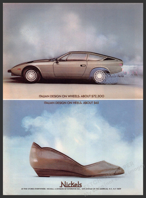 Nickels Shoes 1980s Print Advertisement 1982 Sports Car Italian on Wheels Fetch-the-Paper