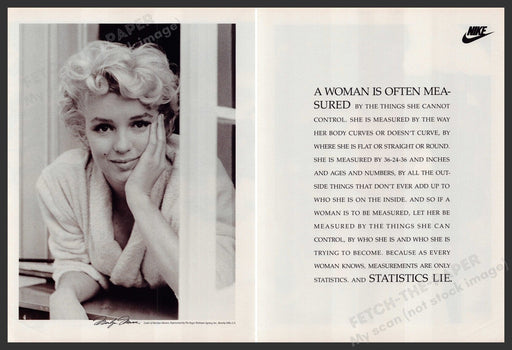 Nike Marilyn Monroe 1990s Print Advertisement (2 Pg) 1991 "Measure of a woman" Fetch-the-Paper