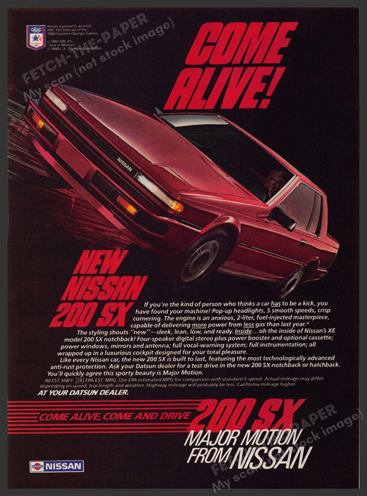 Nissan 200 SX Car 1980s Print Advertisement 1984 "Come Alive" Major Motion Fetch-the-Paper