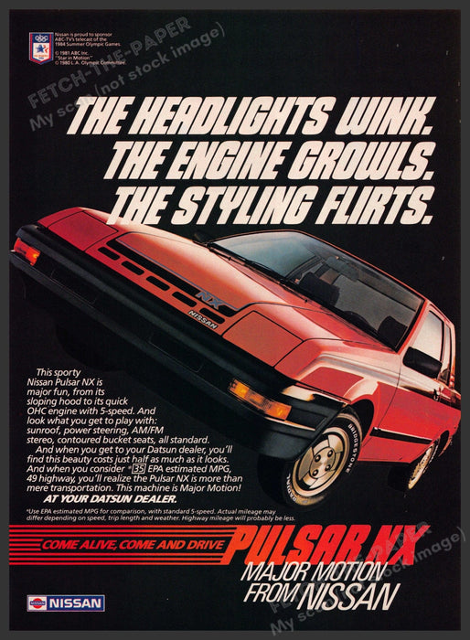 Nissan Pulsar NX 1980s Print Advertisement 1984 Wink Growl Flirty Car Fetch-the-Paper
