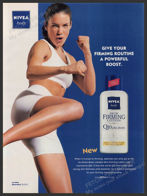 Nivea Q10 2000s Print Advertisement 2003 Lotion Body Kickboxing Woman Fetch-the-Paper
