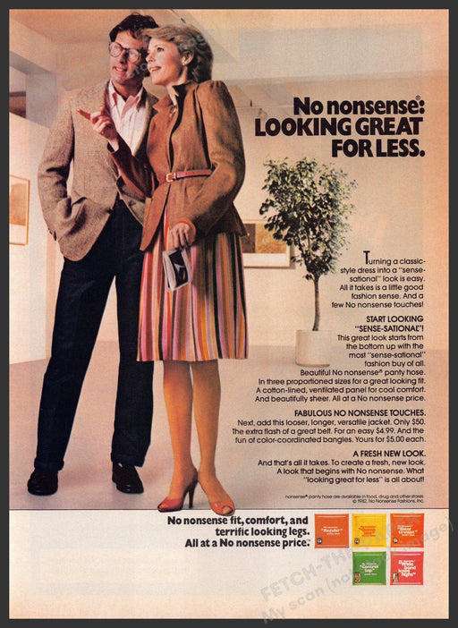 No Nonsense Hosiery 1980s Print Advertisement 1982 Working Lady Couple Fetch-the-Paper