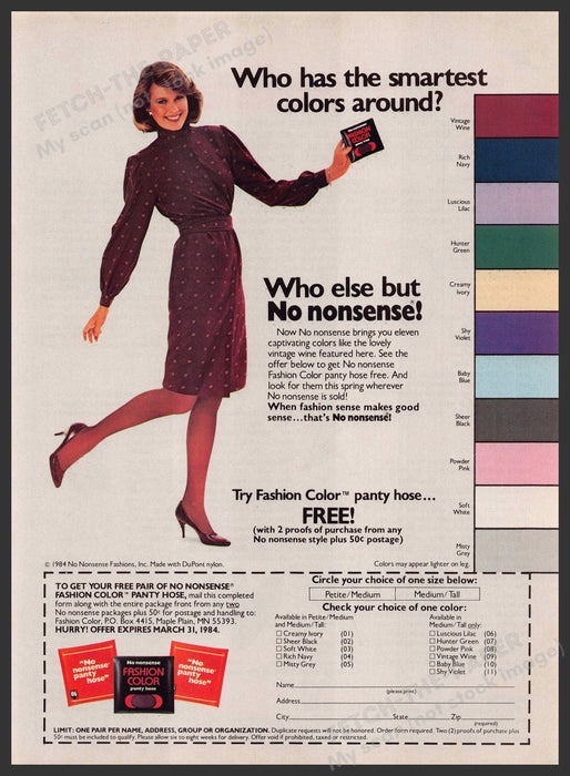 No Nonsense Pantyhose 1980s Print Advertisement 1984 Hosiery Legs Fetch-the-Paper