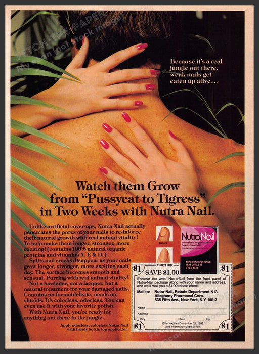 Nutra Nail 1980s Print Advertisement 1982 from "Pussycat to Tigress" Fetch-the-Paper