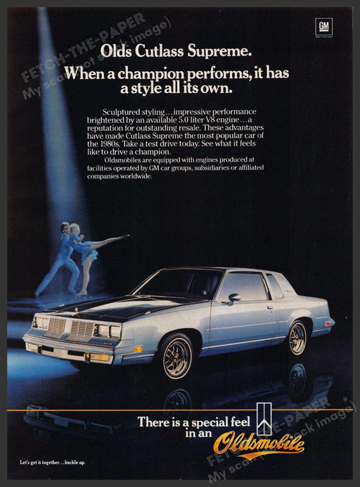 Oldsmobile Cutlass Supreme 1980s Print Advertisement 1984 Ice Skating Couple Oldsmobile Cutlass Supreme