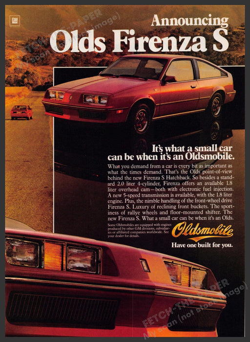 Oldsmobile Firenza S Car 1980s Print Advertisement 1982 Fetch-the-Paper