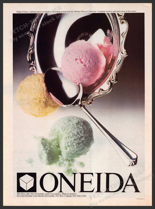 Oneida 1980s Magazine Print Advertisement 1985 Ice Cream Juilliard Pattern Oneida