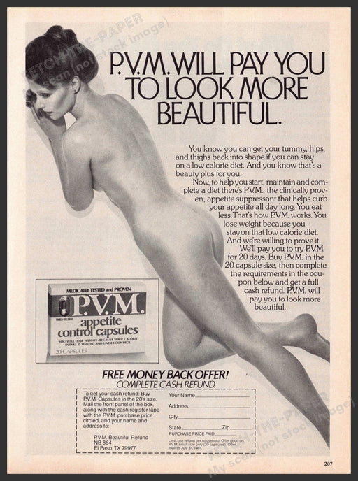 P.V.M. Appetite Control Capsules 1980s Print Advertisement Ad 1981 Bare Body Fetch-the-Paper