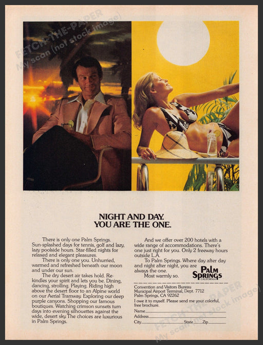 Palm Springs California Sun Bather 1970s Print Advertisement Ad 1977 Night & Day Fetch-the-Paper