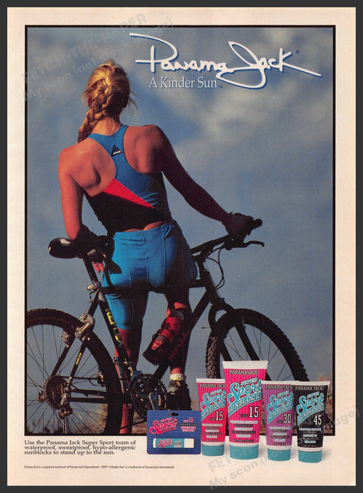 Panama Jack 1990s Print Advertisement 1995 Tan "A kinder sun" Woman Bike Athlete Panama Jack