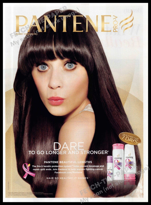 Pantene 2010s Magazine Print Ad 2013 Hair Zooey Deschanel Cancer Ribbon Pantene