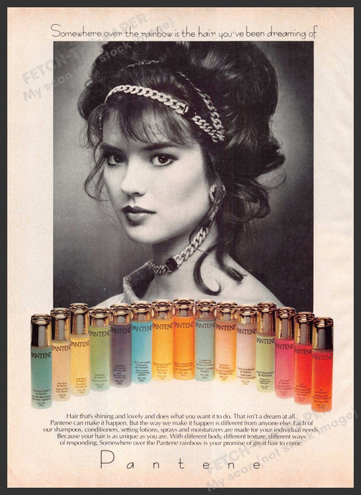 Pantene Hair 1980s Print Advertisement 1982 Over the Rainbow Colorful Bottles Fetch-the-Paper
