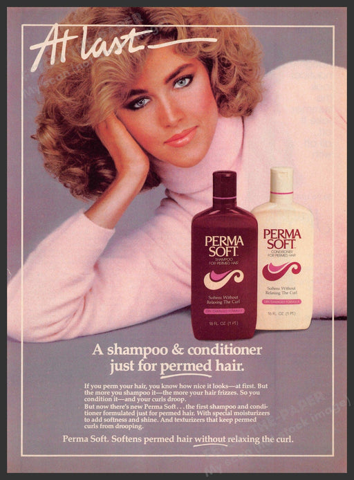 Perma Soft Hair 1980s Print Advertisement 1984 At Last Permed Big Hair Fetch-the-Paper