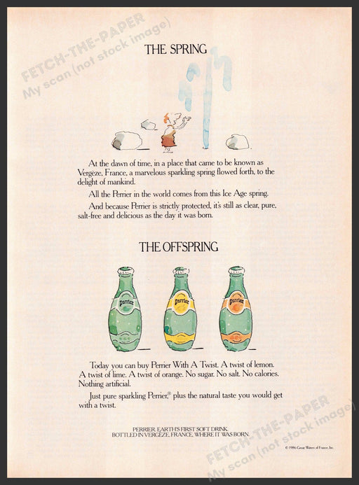 Perrier 1980s Print Advertisement 1986 "The Spring. The Offspring." Perrier