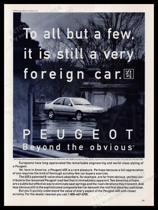 Peugeot 405 Car 1990s Print Advertisement Ad 1991 "Beyond the obvious" Fetch-the-Paper