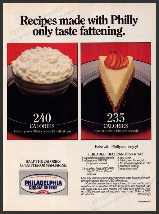 Philadelphia Cream Cheese 1980s Magazine Print Advertisement 1986 Cheesecake Philadelphia Cream Cheese