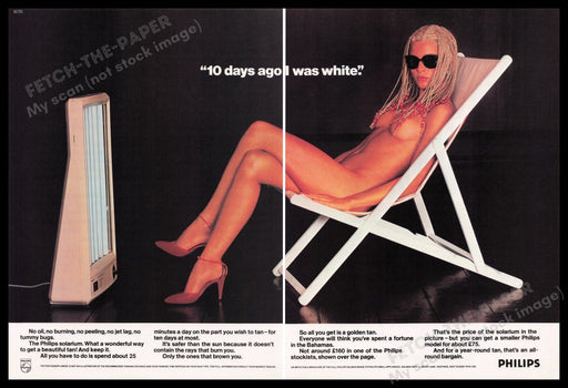 Philips Solarium Tanner  1980s Print Advertisement 1982 British Ad Dreads Bare Fetch the Paper!