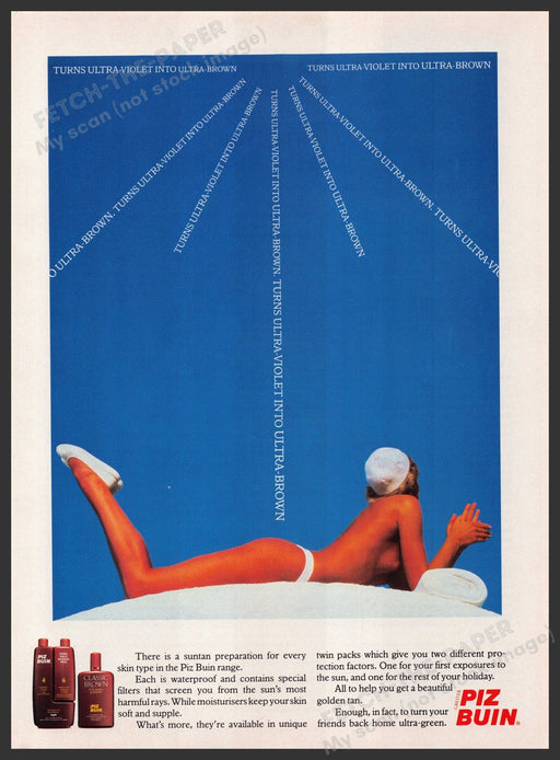 Piz Buin Suntan Lotion 1980s Print Advertisement Ad 1987 Sunbathing Bare Fetch-the-Paper