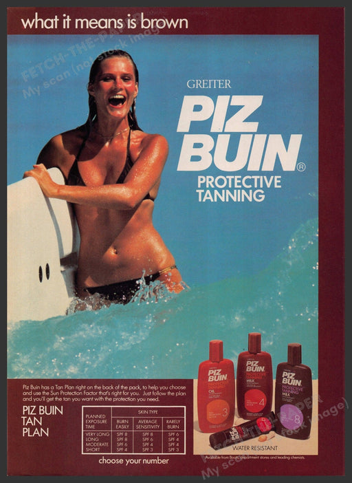 Piz Buin Tanning Products 1980s Print Advertisement Ad 1980 Bikini Surfer Fetch-the-Paper