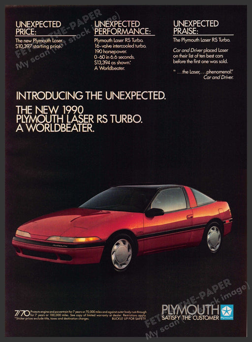 Plymouth Laser RS Turbo 1980s Print Advertisement 1989 "The unexpected" Plymouth Laser RS Turbo