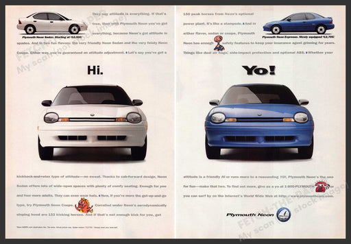 Plymouth Neon 1990's Print Advertisement Ad (2 pages) 1995 Car "Hi" and "Yo" Plymouth