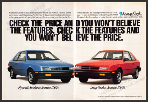 Plymouth Sundance Dodge Shadow 1990s Print Advertisement (2 pages) 1990 Plymouth Sundance