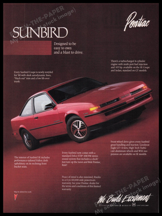 Pontiac Sunbird Car 1980s Print Advertisement Ad 1988 "We build excitement" Fetch the Paper!